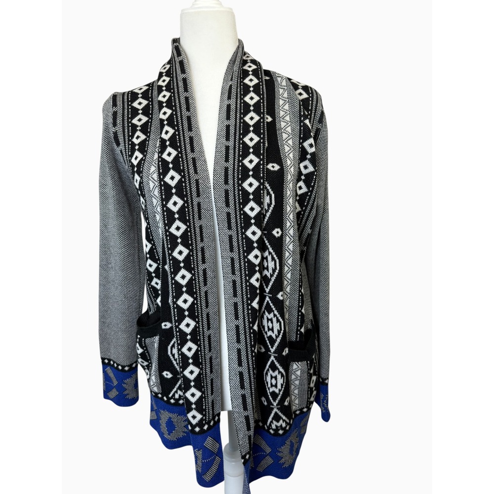 Beverly Women's S Geometric Open Front Cardigan Black Gray Blue Aztec Knit